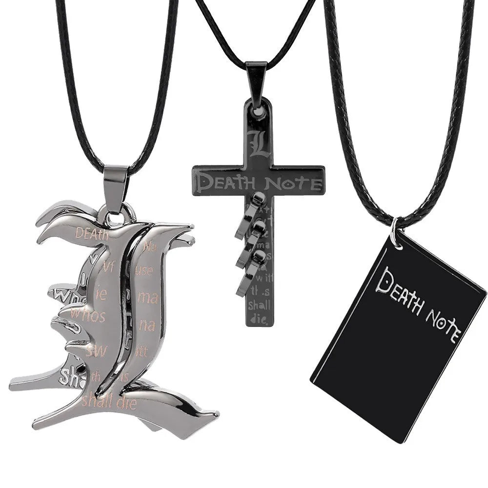 Death Note L Logo Pendant Necklace - Black Rope Leather Gothic Choker for Men and Women