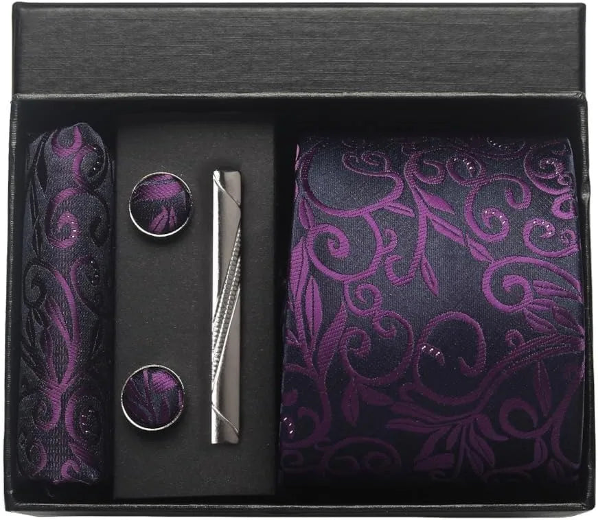 100% Silk Paisley Floral Necktie Set for Men - Premium Business Tie with Pocket Square Tie Clip Cufflinks Gift Box