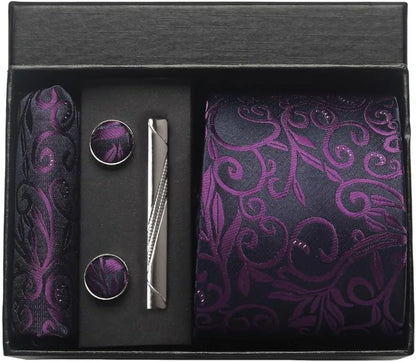 100% Silk Paisley Floral Necktie Set for Men - Premium Business Tie with Pocket Square Tie Clip Cufflinks Gift Box