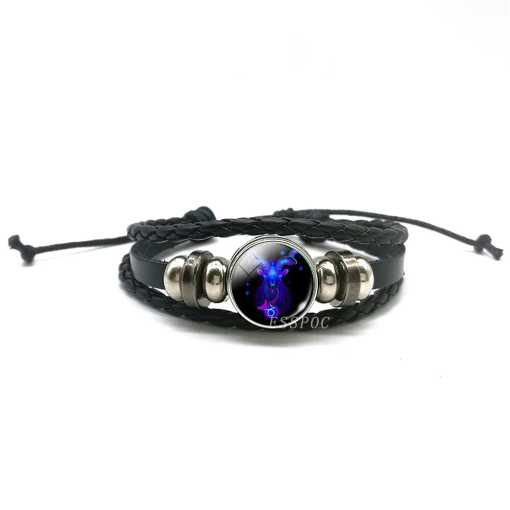 Men’s Zodiac Sign Leather Bracelet | 12 Constellation Black Braided Wrap | Punk Style Multilayer Bracelet for Birthday Gifts