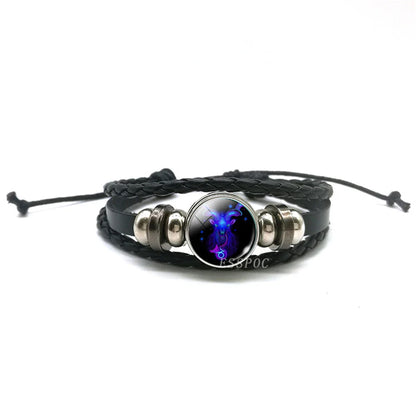 Men’s Zodiac Sign Leather Bracelet | 12 Constellation Black Braided Wrap | Punk Style Multilayer Bracelet for Birthday Gifts