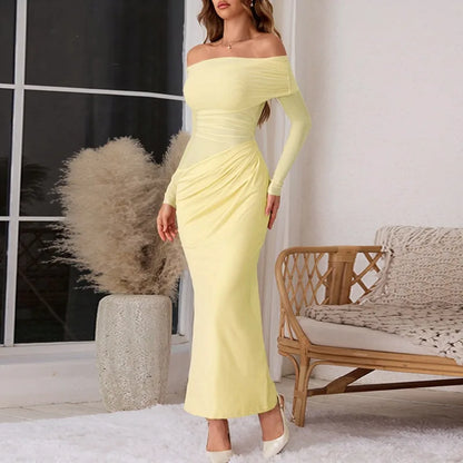 Tuularose Sexy Mesh Hollow Long Dress - One Shoulder Long Sleeve Patchwork Resort Gown for Summer Party & Evening Wear