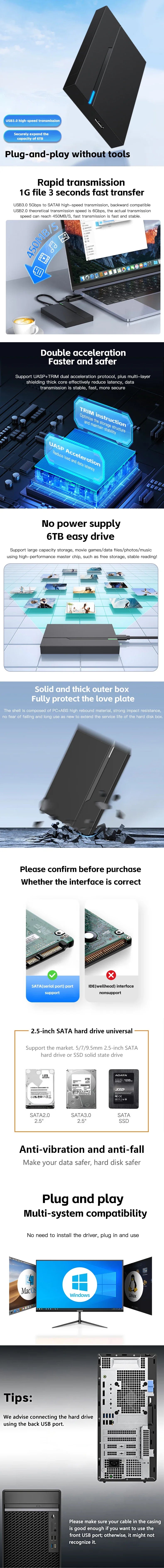 2.5" External Hard Drive Enclosure – USB 3.0 Case for 6TB SATA SSD/HDD, Supports 7mm & 9.5mm for Laptop & PC