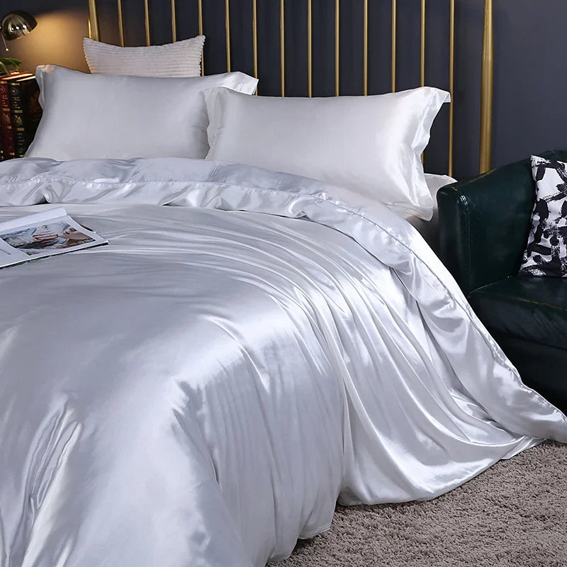 Silk Bedding Set With Duvet Cover - Luxury Satin Bed Sheet Pillowcase Set Solid Color King Queen Twin Size