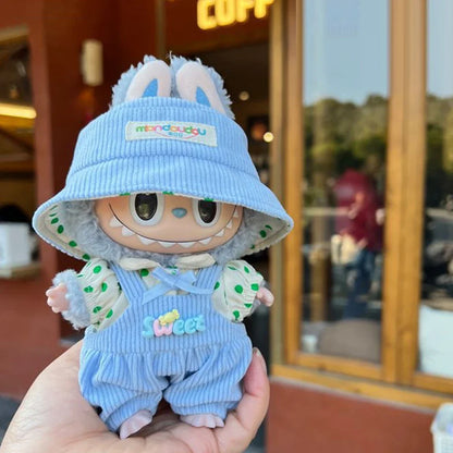 17cm Mini Doll Clothes Set – Kpop EXO Labubu Idol V1 V2 Striped Sweater Overalls, Glasses & Hat Accessories