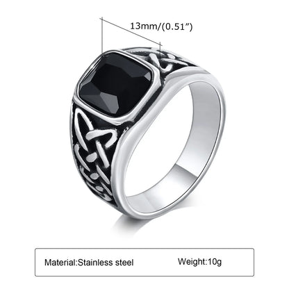 Punk Vintage Ethnic Rings for Men – Retro Viking Knot Rune, Black Geometric Square Stone Signet Jewelry