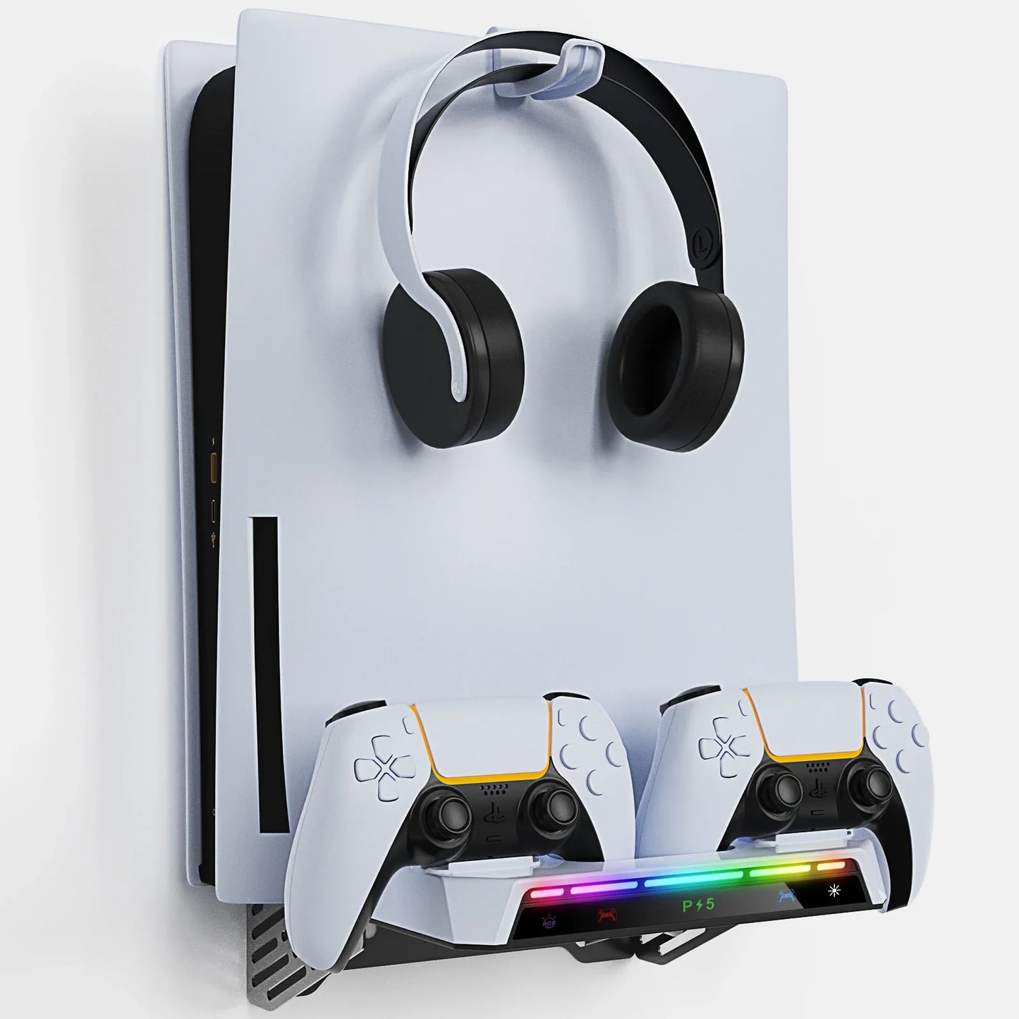 PS5/PS5 Pro/Slim Wall Mount Kit – RGB Light Stand with Charging Station & Headset Hanger for Dual Controllers