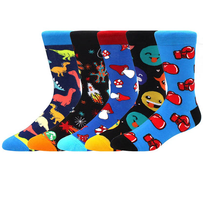 5-Pair Combed Cotton Novelty Crew Socks - Funny Skateboard Casual Socks for Men & Women