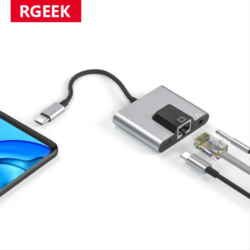 RGEEK USB-C to Ethernet Adapter Hub — Type-C to LAN, 3.5mm Audio & PD Charging Dock for iPhone & Android
