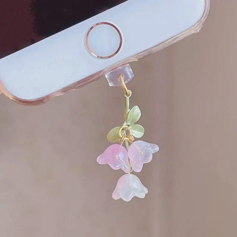 Pink Lily Flower Phone Charm - Cute Green Leaf Dust Plug Accessory for iPhone & Type-C Charging Ports