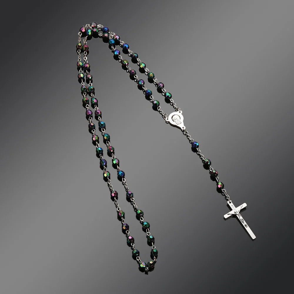 Rosary Beads Cross Necklace – Catholic Virgin Mary Pendant Chain Religious Jewelry Gift for Men & Women Prayer Charm