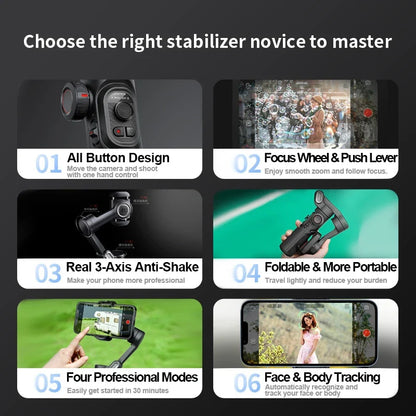 AOCHUAN 3-Axis Smartphone Gimbal - Handheld Stabilizer with Fill Light & Face Tracking for iPhone Android Vlogging
