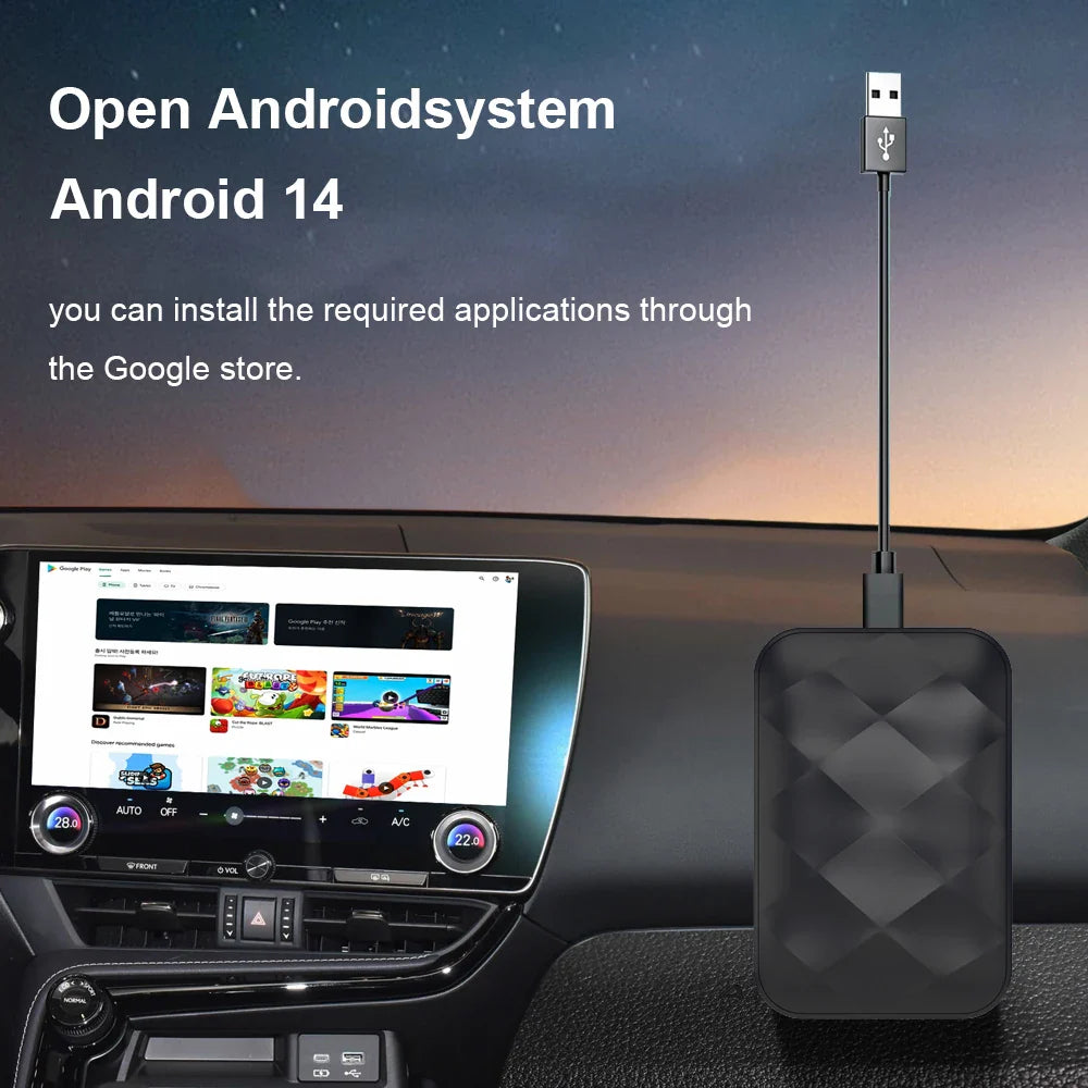 Acodo 2025 Android 14 3-in-1 CarPlay AI Box Wireless Adapter for Android Auto, YouTube & Netflix – Universal Plug and Play TV Box