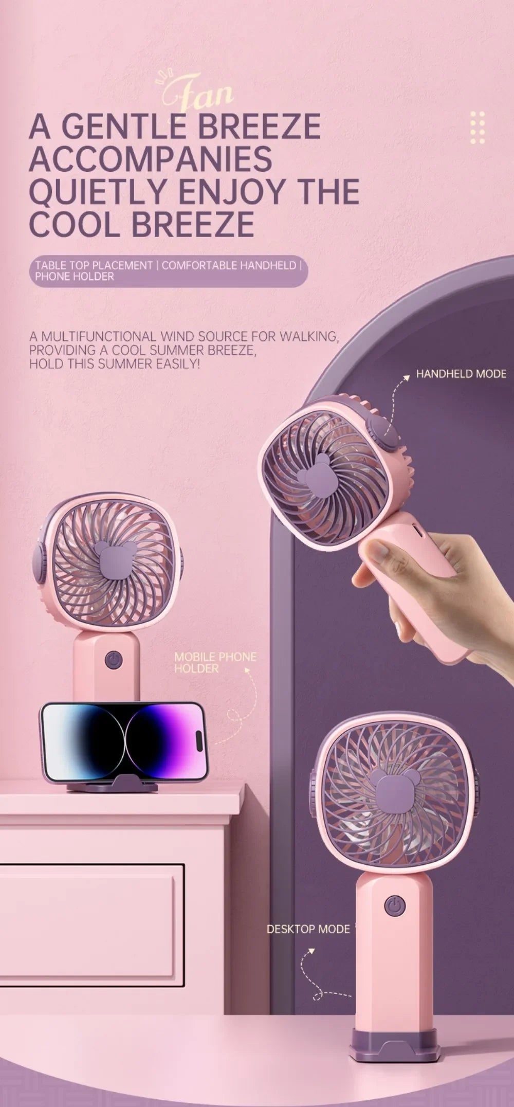 Portable Mini USB Fan – Handheld & Desktop Fan with Phone Holder, 3-Speed Adjustable Wind, Long Battery Life, Multi-Function Cooling Fan