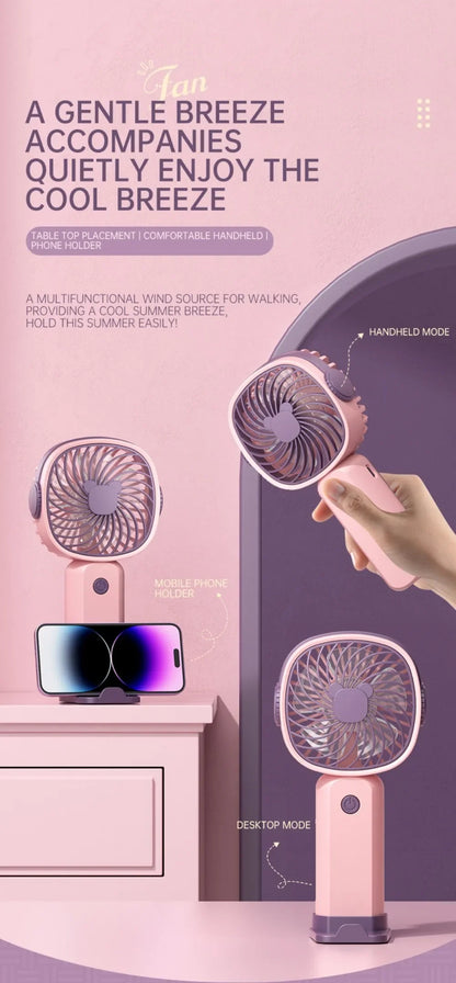 Portable Mini USB Fan – Handheld & Desktop Fan with Phone Holder, 3-Speed Adjustable Wind, Long Battery Life, Multi-Function Cooling Fan