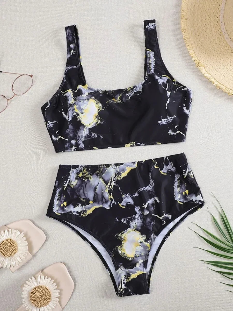 Women’s Marble Print Bandeau Bikini Set - Push Up High Waist Sport Swimsuit Beachwear