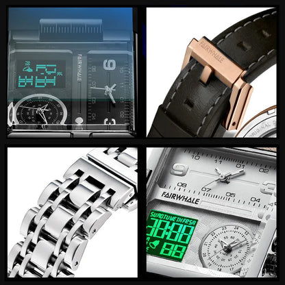 Mark Fairwhale Men’s Luxury Square Quartz Watch — Fashion Waterproof Military Leather Strap Wristwatch
