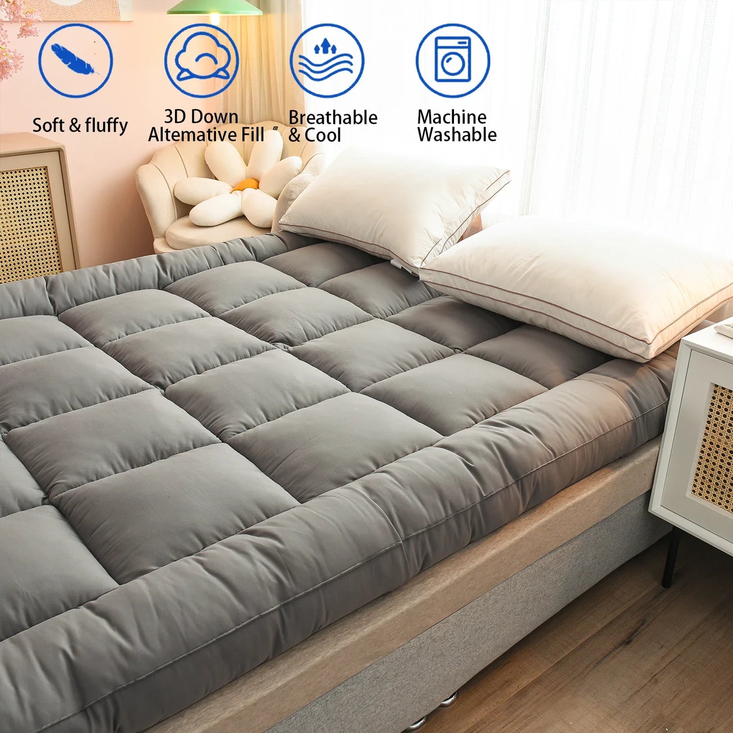 Queen Mattress Topper for Body Pain Relief - 1000 GSM Extra Thick 7D Fiber Mattress Pad Cover with Deep Pocket Fit