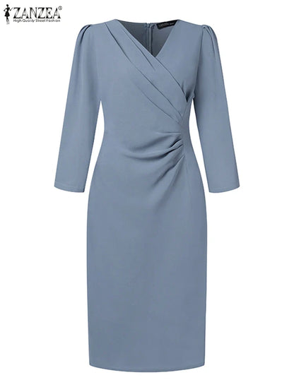 Women’s V-Neck Bodycon Dress - Ruched Waist Knee-Length Elegant Party & Office Wear
