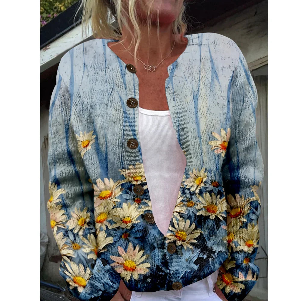 Women’s 3D Print Knitted Cardigan - Autumn Winter Vintage Thin Sweater Casual Fashion Knit Top