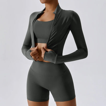 3PCS Women’s Yoga & Workout Set – Long Sleeve Zipper Top with High Waist Leggings Fitness Sportswear