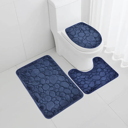 Solid Color Bathroom Floor Mat Set – Water-Absorbing, Non-Slip Stone Pattern, Comfortable & Soft 3-Piece Set