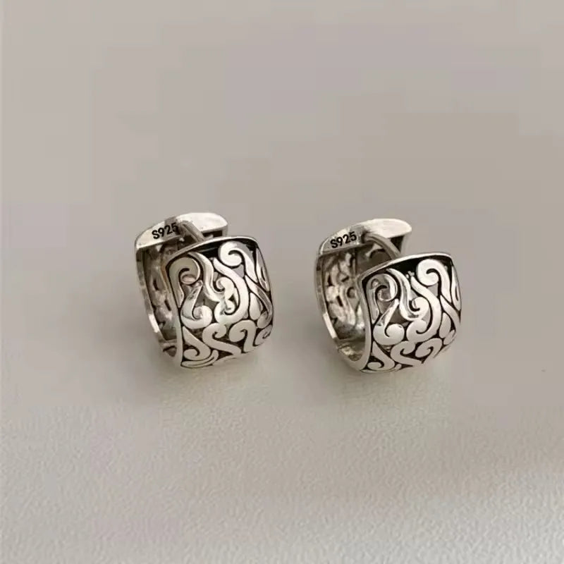 PANJBJ925 Sterling Silver Hoop Earrings - Frosted Geometric Design Fashion Jewelry Gift for Women
