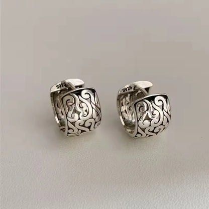PANJBJ925 Sterling Silver Hoop Earrings - Frosted Geometric Design Fashion Jewelry Gift for Women