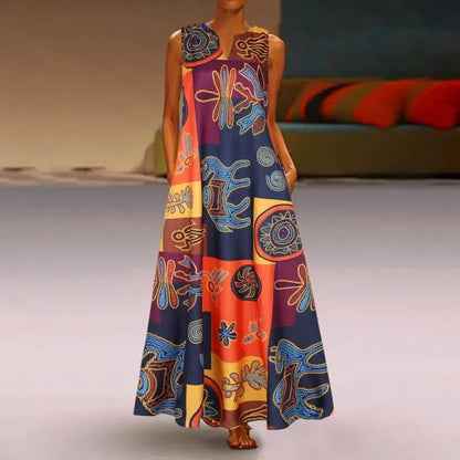 Women’s Retro V-Neck Summer Dress - Sleeveless Printed Maxi Swing Skirt with Loose Comfortable Fit