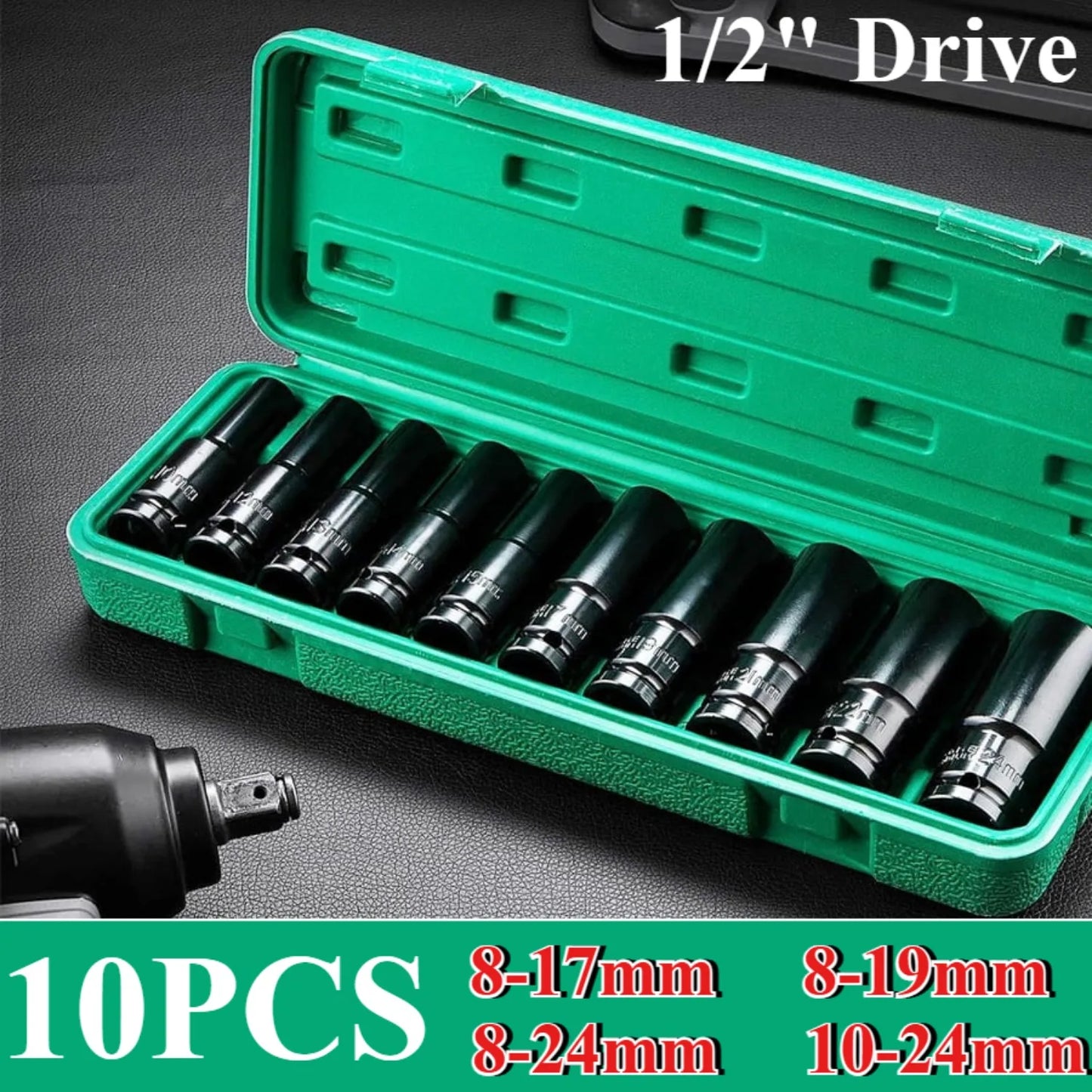 1/2-Inch Drive Impact Socket Set - 10-Piece 6-Point Metric Carbon Steel Sockets with Storage Case