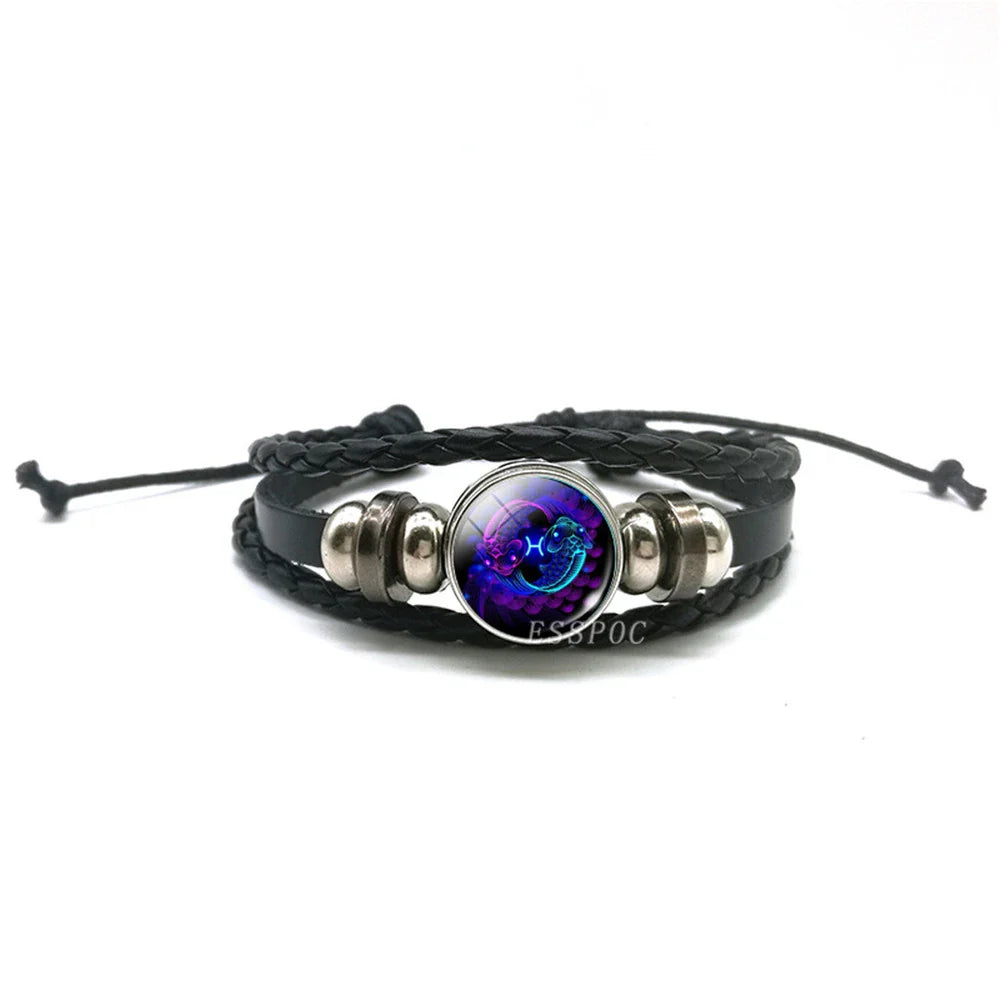 New Men's 12 Constellation Black Braided Leather Bracelet – Punk Style Zodiac Sign Multilayer Wrap Bracelet for Birthday Gifts