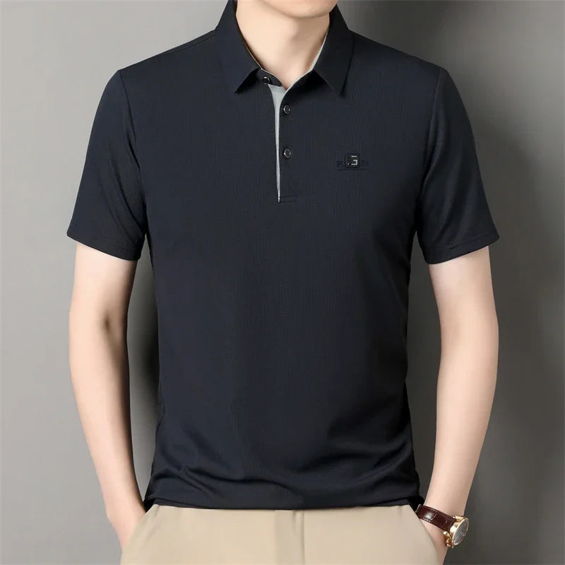 Men's Business Casual Short Sleeve Polo Shirt - Solid Color Breathable Badge Polo Top