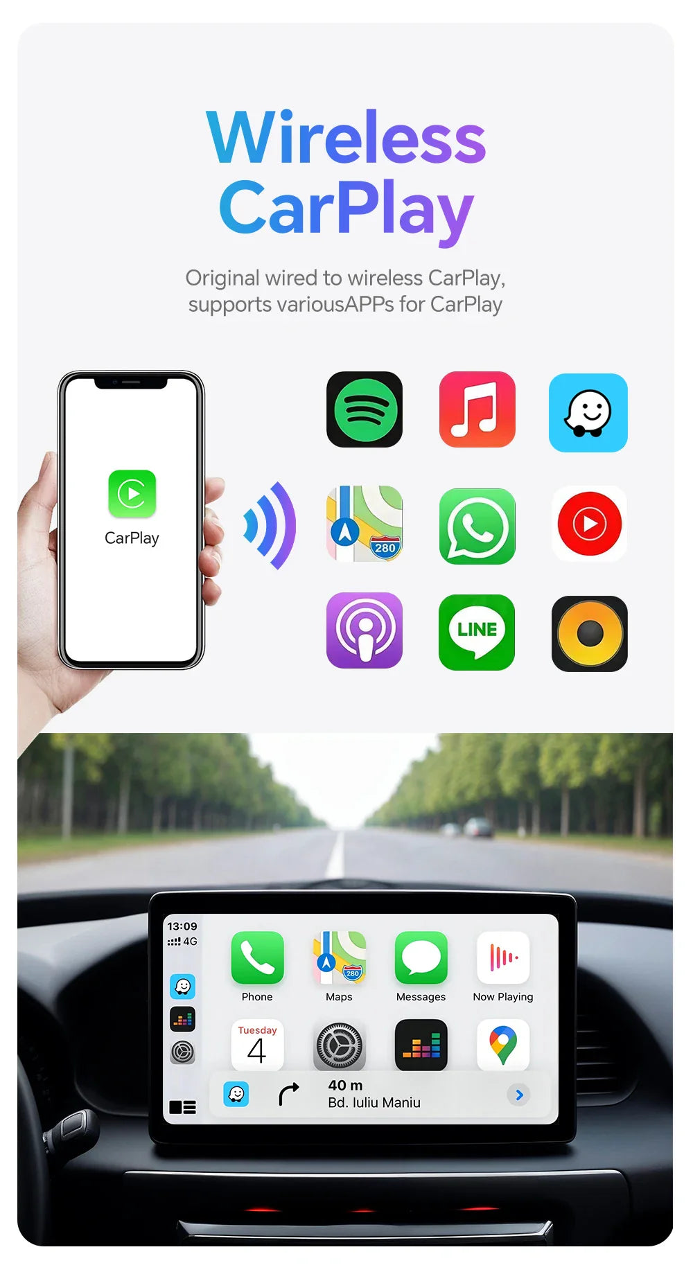 Mini U3 Smart Box for Mazda – Wireless CarPlay & Android Auto, Plug & Play with OTA Upgrade