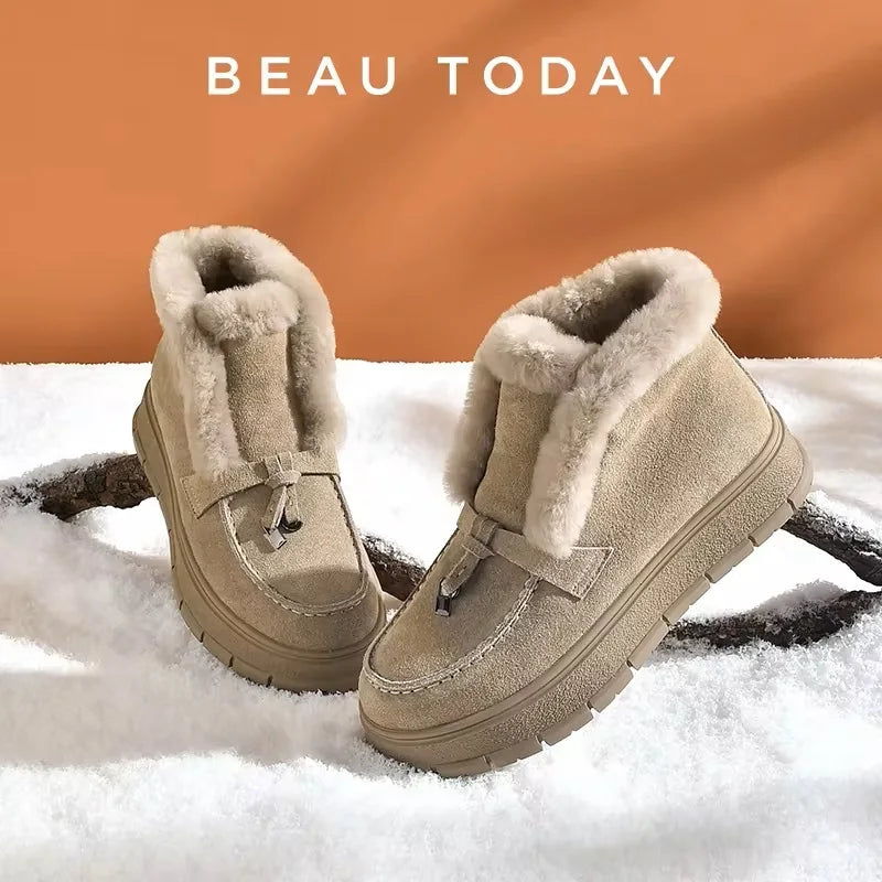 BEAUTODAY Women’s Winter Snow Boots - Cow Suede Platform Boots with Warm Fur, Round Toe & Handmade Sewing Design