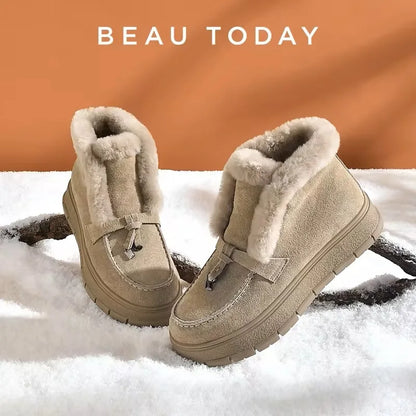 BEAUTODAY Women’s Winter Snow Boots - Cow Suede Platform Boots with Warm Fur, Round Toe & Handmade Sewing Design
