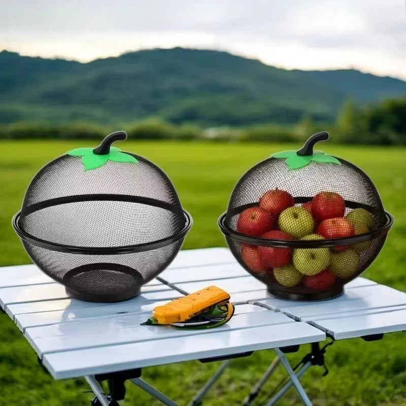 Metal Fruit Basket with Mesh Lid - Moisture Resistant Kitchen Storage Rack for Home & Outdoor