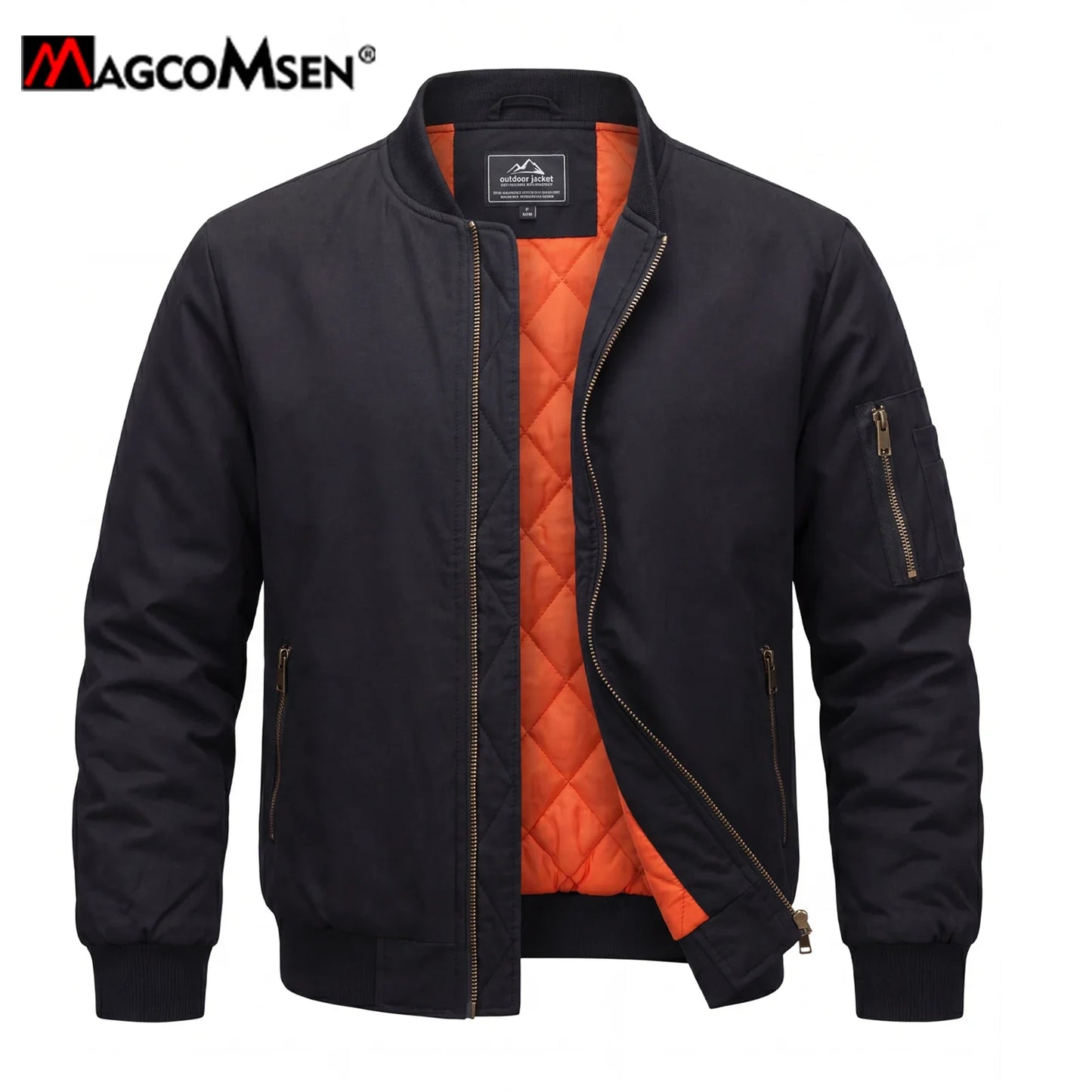 MAGCOMSEN Men’s Aviator Bomber Jacket - Warm Windproof Fall & Winter Casual Coat with Orange Lining