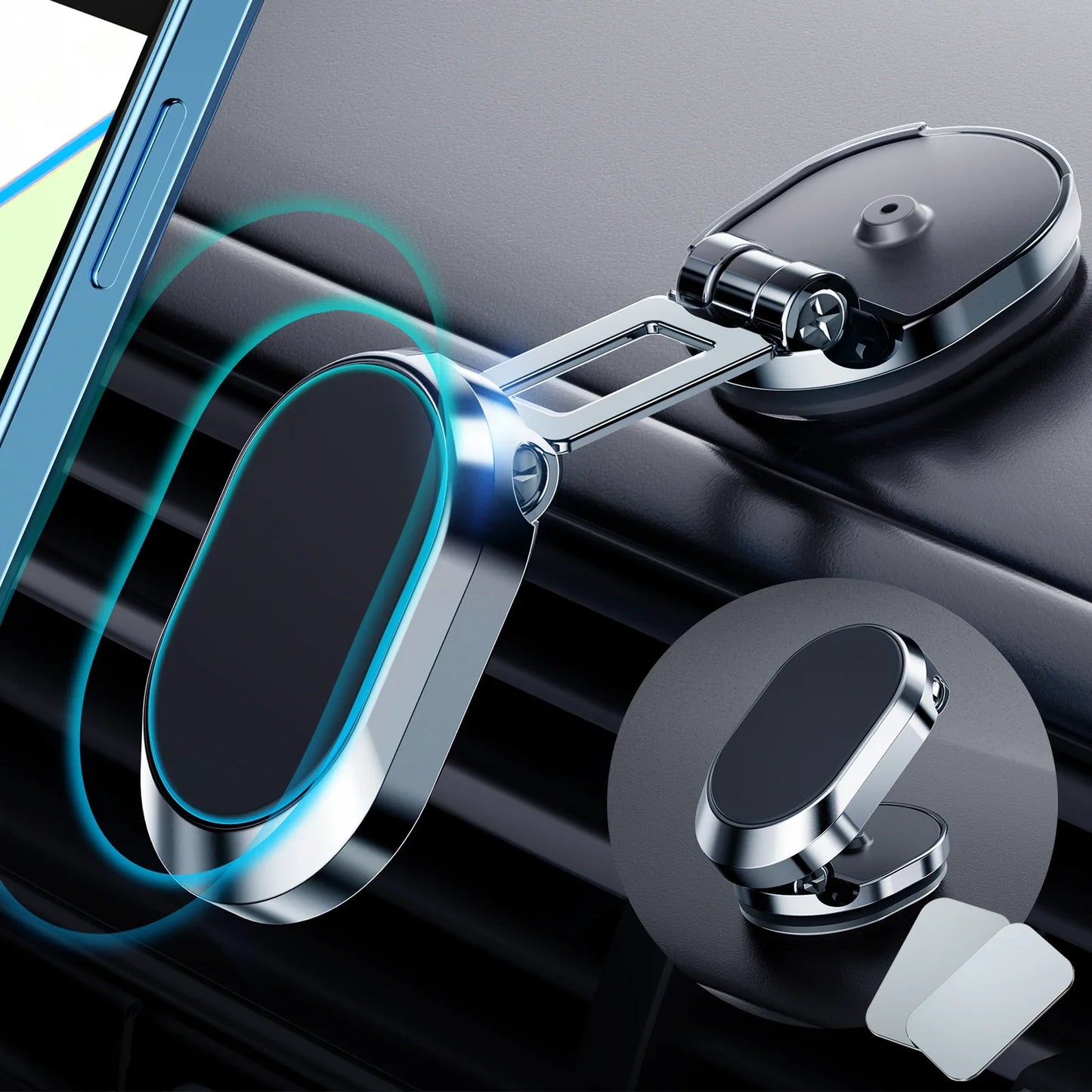 Magnetic Car Phone Holder - Foldable 360-Degree Rotatable Dashboard Stand for Navigation, Car Accessories