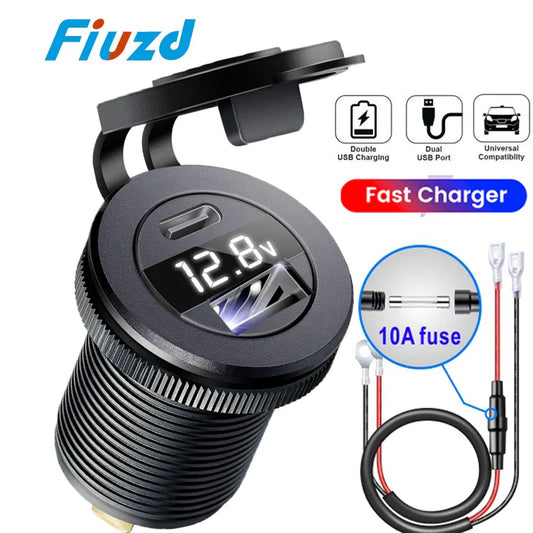 USB Car Charger PD 3.0 Quick Charge Power Socket with LED Voltmeter 12V/24V Waterproof Dual Port for Car Boat Universal Power Outlet