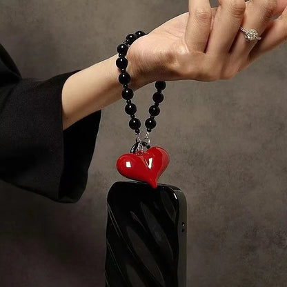 Red 3D Love Heart Beaded Phone Strap - Handmade Phone Charm Lanyard & Mobile Jewelry Gift