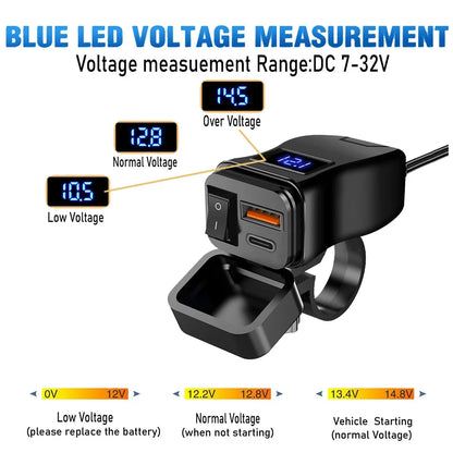 60W PD QC3.0 Motorcycle USB Fast Charger - Dual USB Handlebar Socket With Switch Voltmeter Waterproof 12V Power Adapter