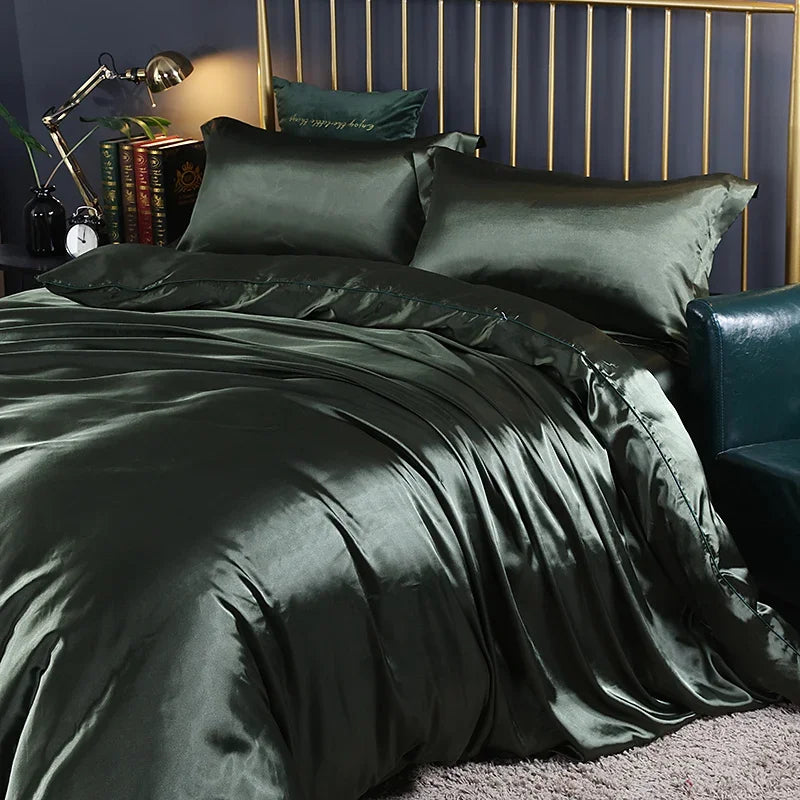 Silk Bedding Set With Duvet Cover - Luxury Satin Bed Sheet Pillowcase Set Solid Color King Queen Twin Size