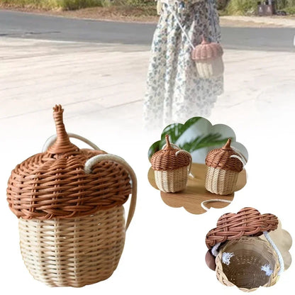 Acorn-Shaped Rattan Storage Basket - Handwoven Round Beach Style Shoulder Bag