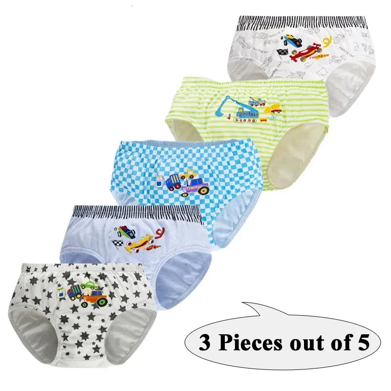 3Pcs Boys Cotton Underwear Set - Cartoon Vehicle Briefs with Breathable Soft Fabric for Kids