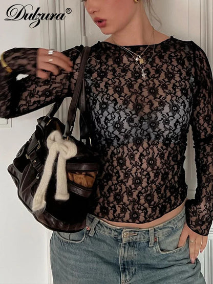 Dulzura Long Sleeve See-Through Lace Crop Top – Sexy Solid Bodycon T-Shirt for Women – Perfect for Party & Club – Autumn/Winter Fashion