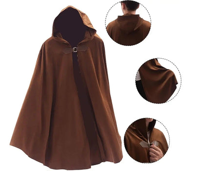 Men’s Medieval Hooded Cloak – Round Metal Buckle with Green Leaf Brooch Necklace for Halloween Costume