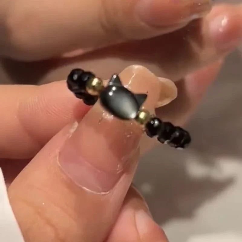 Cute Cat Beaded Rings - Handmade Black & White Stone Couple Rings for Women & Men Korean Fashion Lovers Friends Jewelry Gift