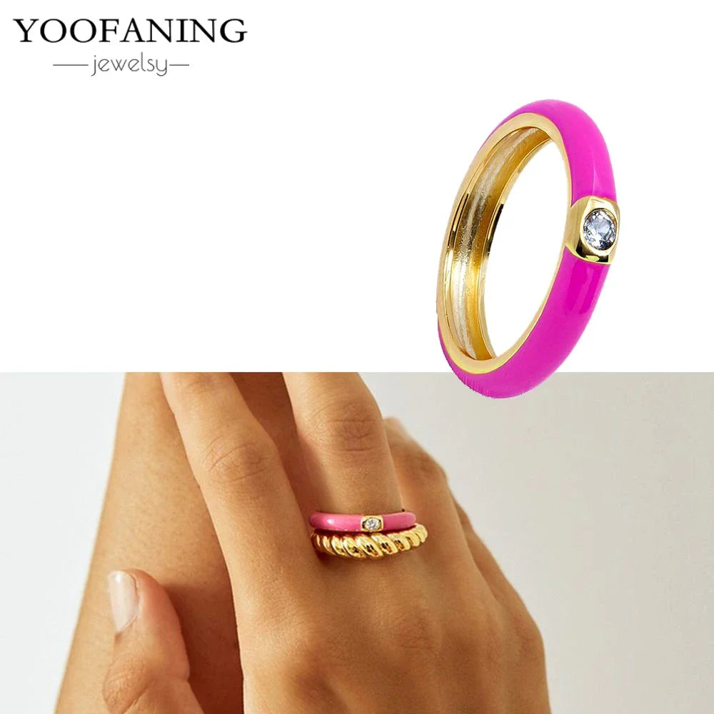 24K Gold-Plated & Silver Enamel Ring – Slim Round Women's Luxury Zircon CZ Ring in Green, Purple, Pink for Wedding & Anniversary