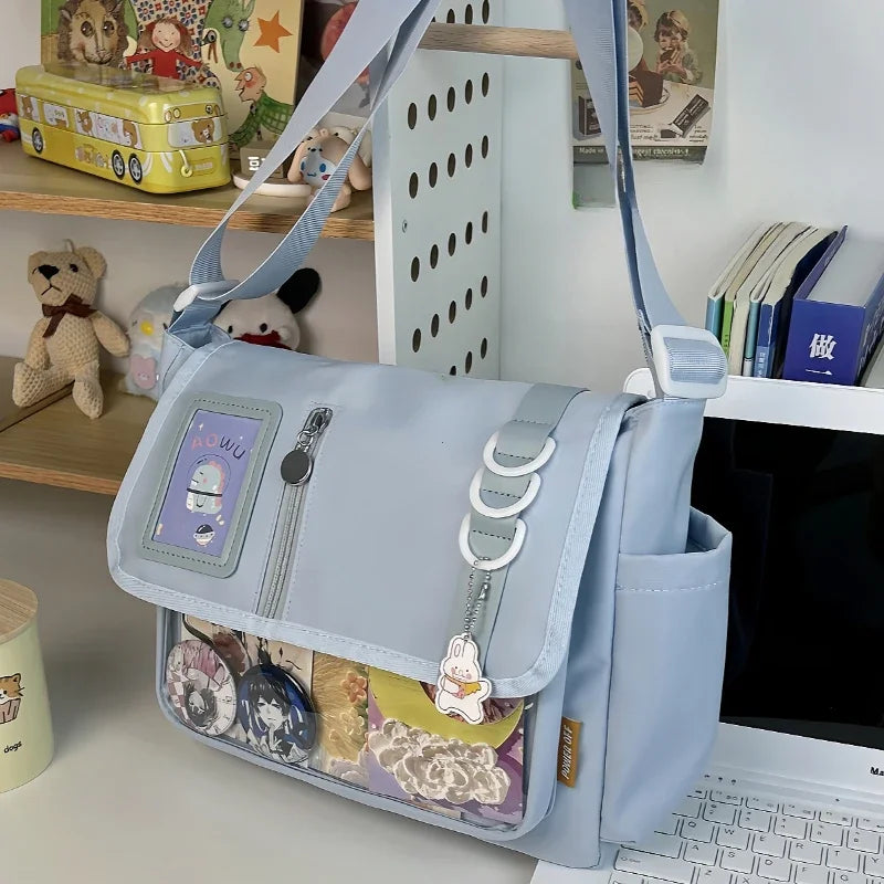 Y2K Japanese Harajuku School Bag — 2024 Transparent Itabag Crossbody for Teenage Girls with DIY Badge Display Plate