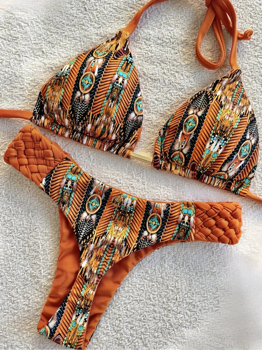 RUOTONSEPT Women’s Print Halter Bikini Set - High Cut Mini Thong Two-Piece Swimsuit Beach Swimwear